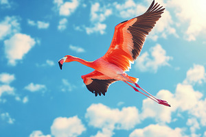 Flamingo flying in blue sky, an Animal Photo by AlyaAnd