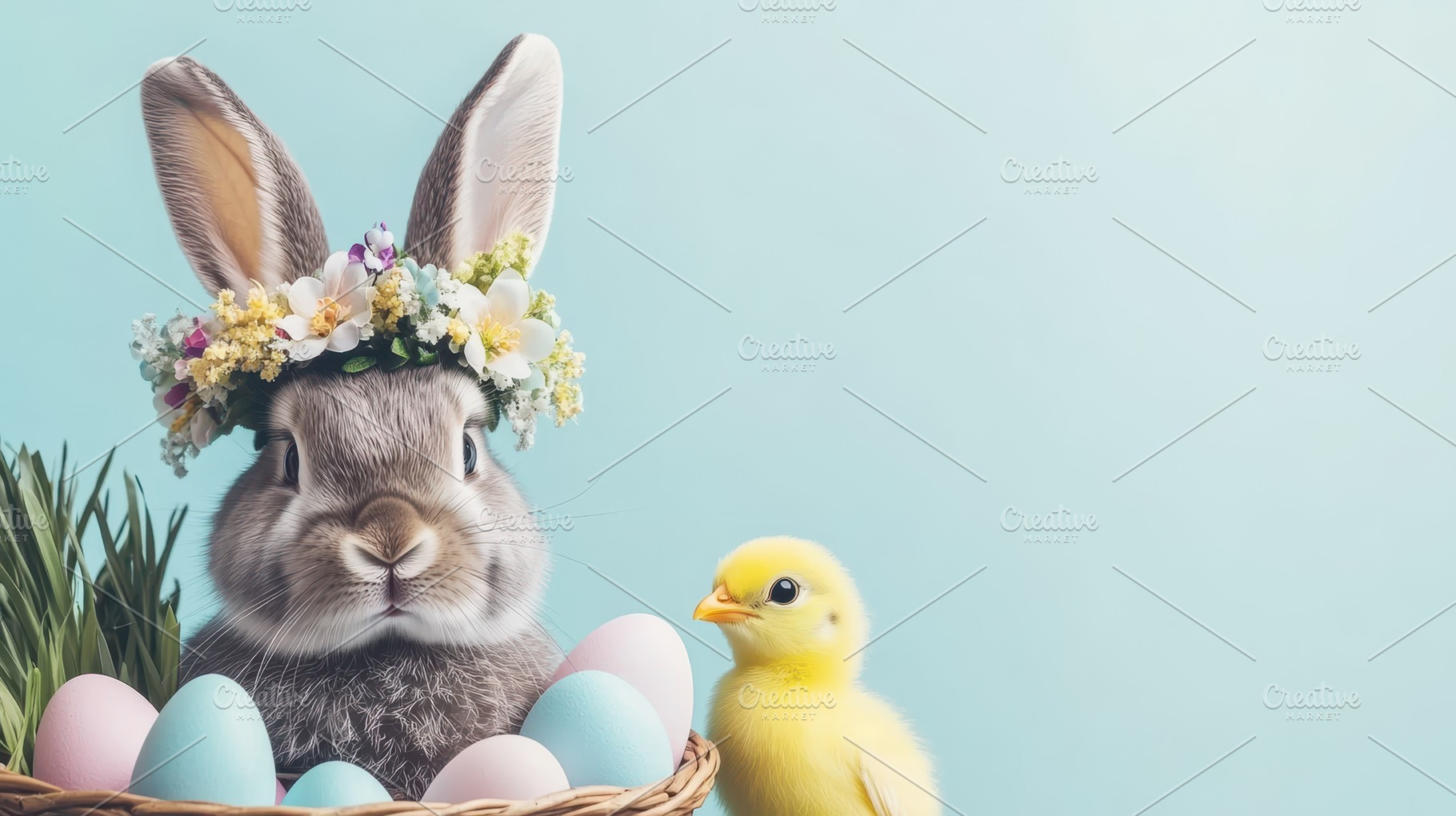 Gray bunny wearing a flower crown with pastel eggs in a basket, alongside a flu, a Holiday Photo by Mashimara