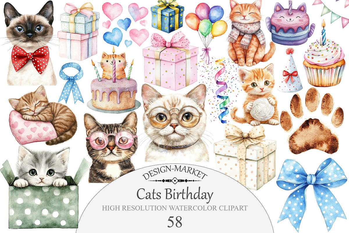 Watercolor Cats Birthday Clipart, an Illustration by Design Market (Photo 1 of 5)