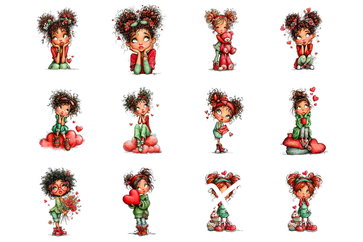 Quirky Valentine Girl Clipart Bundle, an Illustration by SinaCreation (Photo 2 of 11)