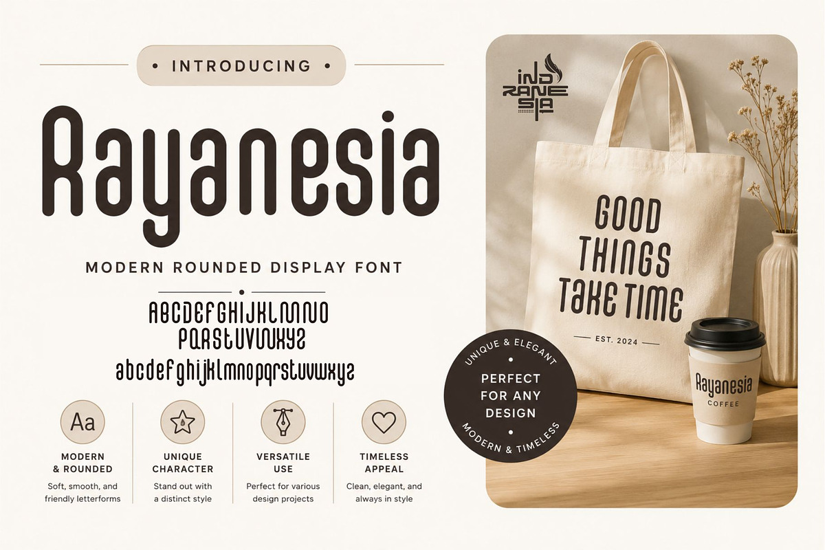Rayanesia – Modern Rounded Font, a Sans Serif Font by indranesia (Photo 1 of 2)