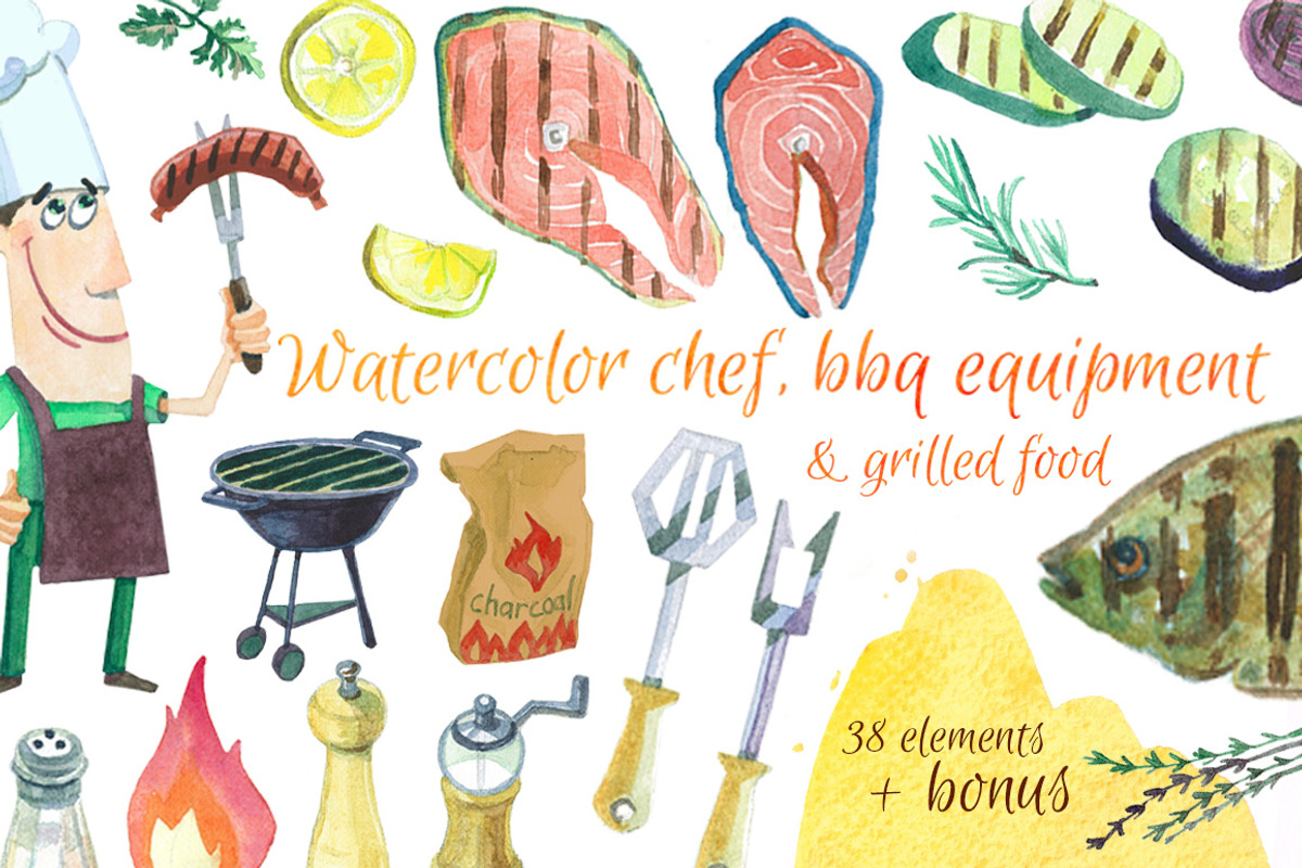 Watercolor bbq food and equipment., a Food Illustration by Natasha Koltsova (Photo 1 of 4)