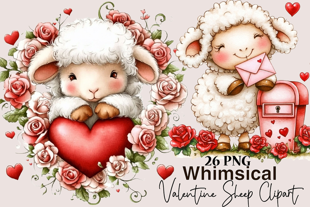 Whimsical Valentine Sheep Clipart, a Seasonal Illustration by SVGArt (Photo 1 of 5)