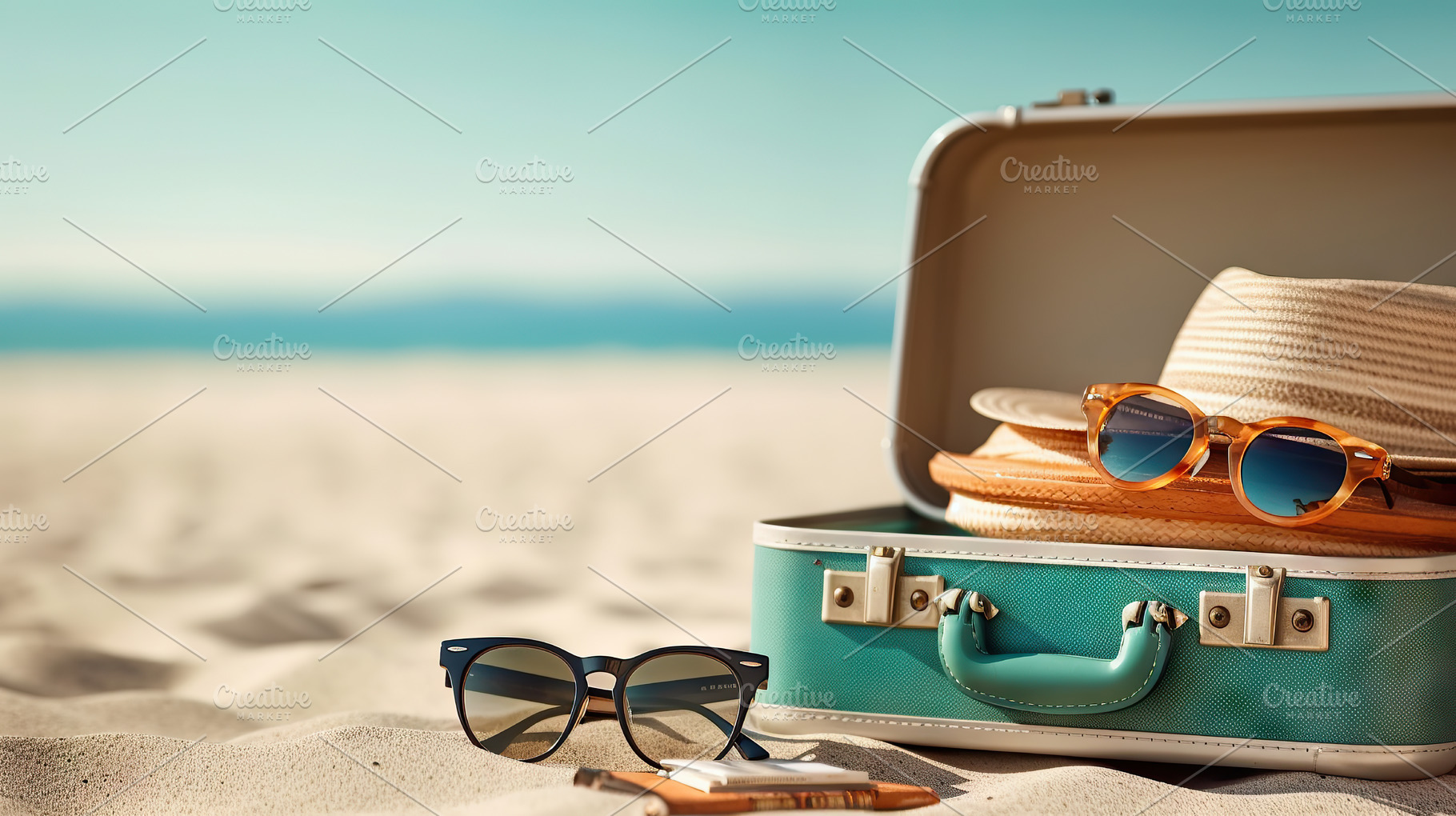 Suitcase with sunglasses and hat on sandy beach. Travel concept., a Holiday Photo by AS photostudio