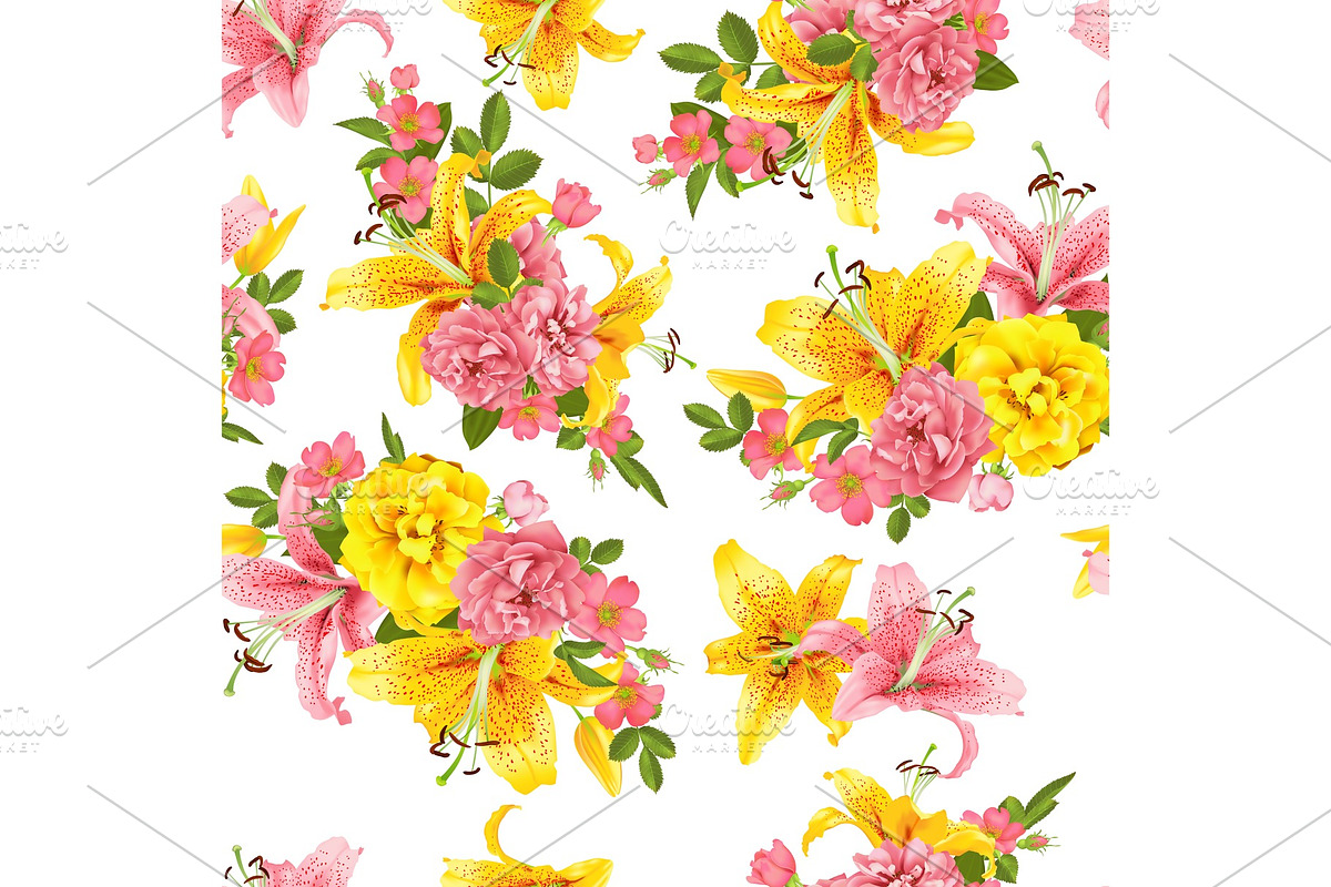 pink Rose and lily seamless pattern Vector, a Decorative Illustration by irska