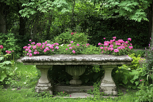Weathered stone table surrounded, a Photo by Pavel_design