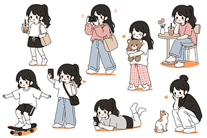 Girl Daily Activities Set Cartoon 2, a Person Illustration by Artpon Illustration