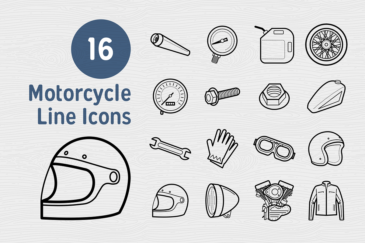 16 Motorcycle Line Icons, an Outline Icon by Selma’s Patty (Photo 1 of 2)