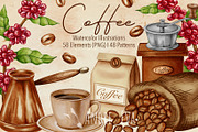 Watercolor Coffee Clipart/Pattern, a Food Illustration by Andre_Eva (Thumbnail 1 of 10)