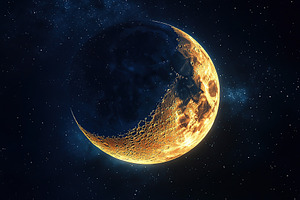 Bright crescent moon illuminates the night sky surrounded by stars, a Photo by AlyaAnd