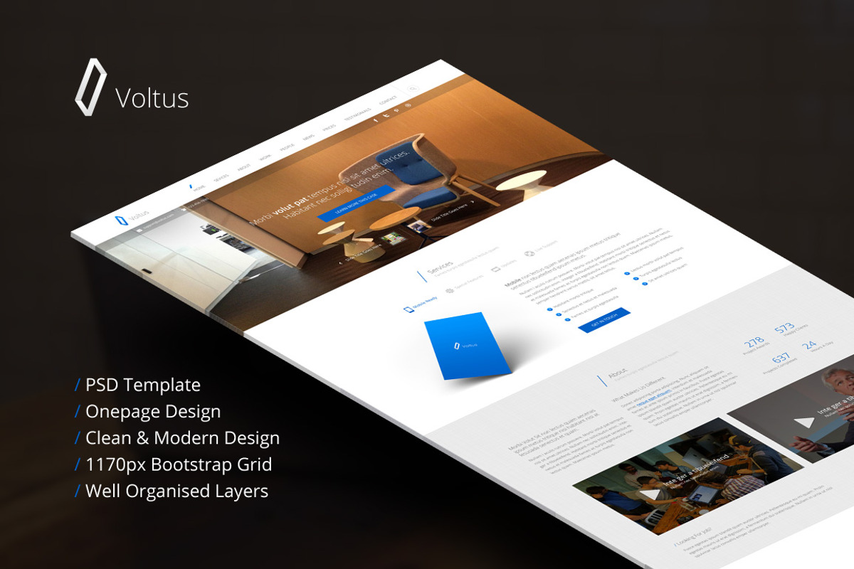 Voltus-One Page PSD Template, an UI Kit Template by flr.24 (Photo 1 of 5)