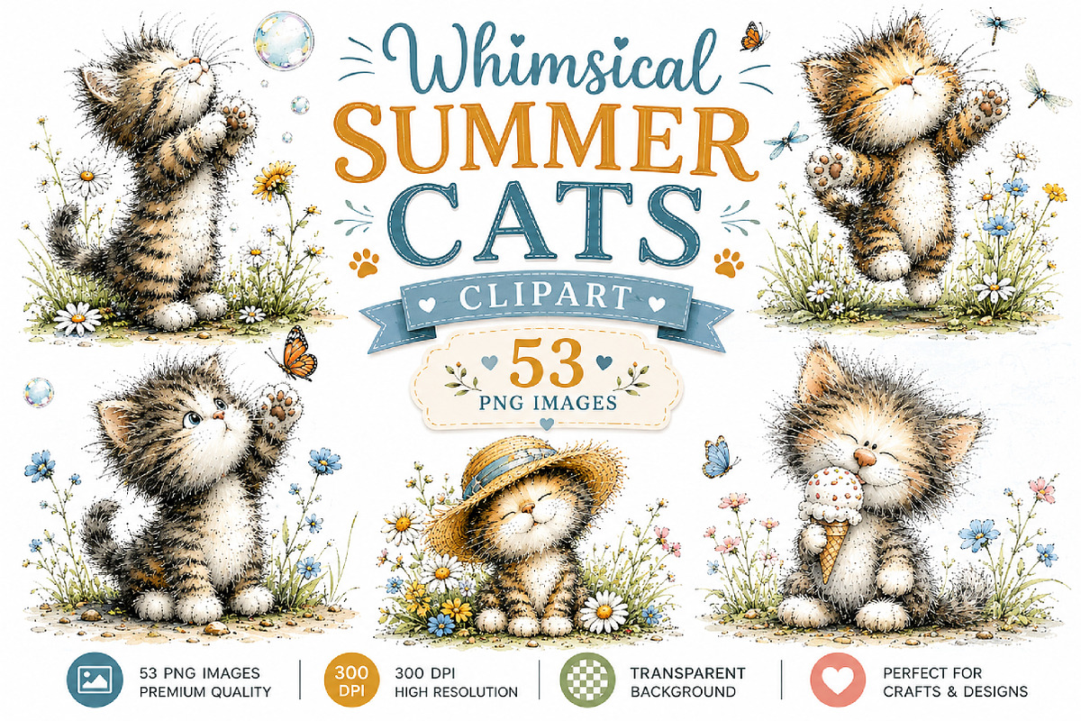 Whimsical Summer Cats Clipart PNG, an Animal Illustration by Craft Nest (Photo 1 of 6)