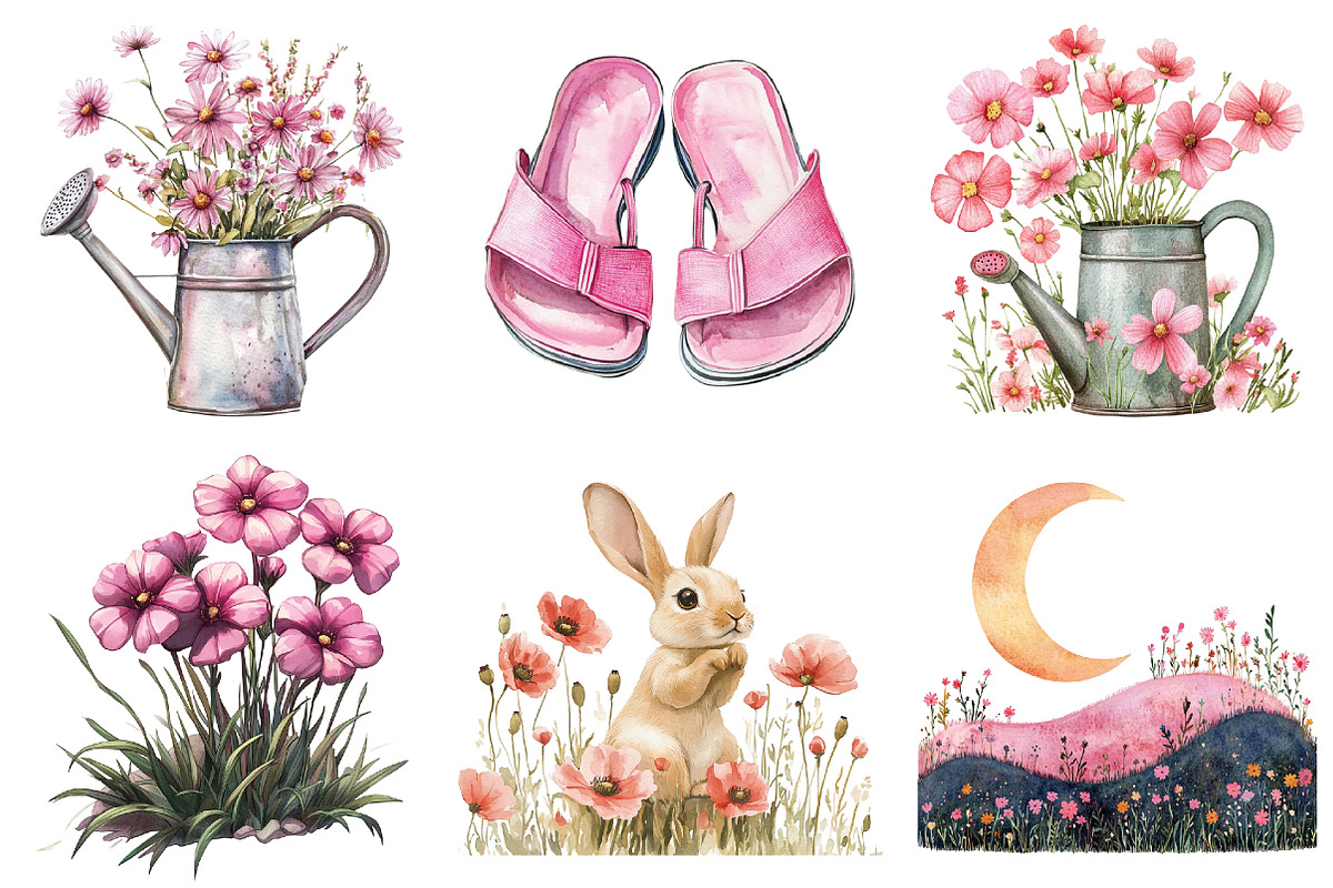 Pink Summer Meadow Clipart, an Illustration by Watercolor design (Photo 4 of 5)