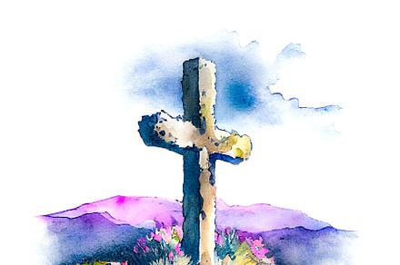 Watercolor easter cross on the hill