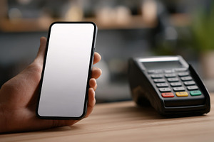 A person holding a blank smartphone next to a payment terminal, symbolizing mod, a Business Photo by ImageMir