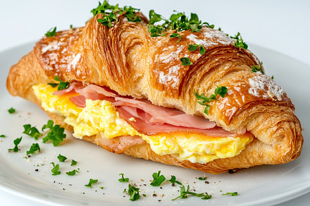 Croissant sandwich with meat, cheese and vegetables on white background, a Food & Drink Photo by AlyaAnd