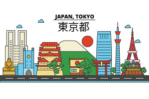 Japan, Tokyo. City Skyline: Architecture, Buildings, Streets, Silhouette, Landscape, Panorama, Landmarks. Editable Strokes. Flat Design Line Vector Il