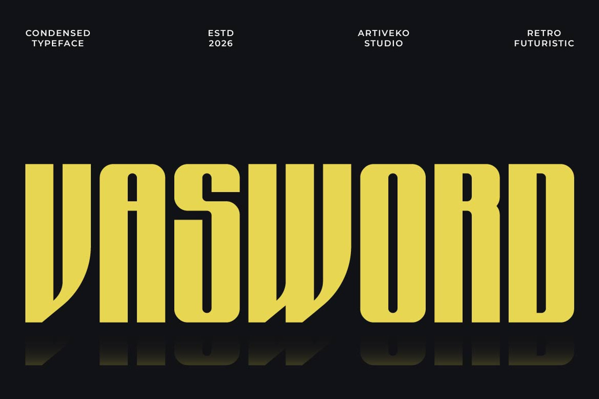 Vasword – Condensed Retro Font, a Sans Serif Font by Artiveko (Photo 1 of 8)