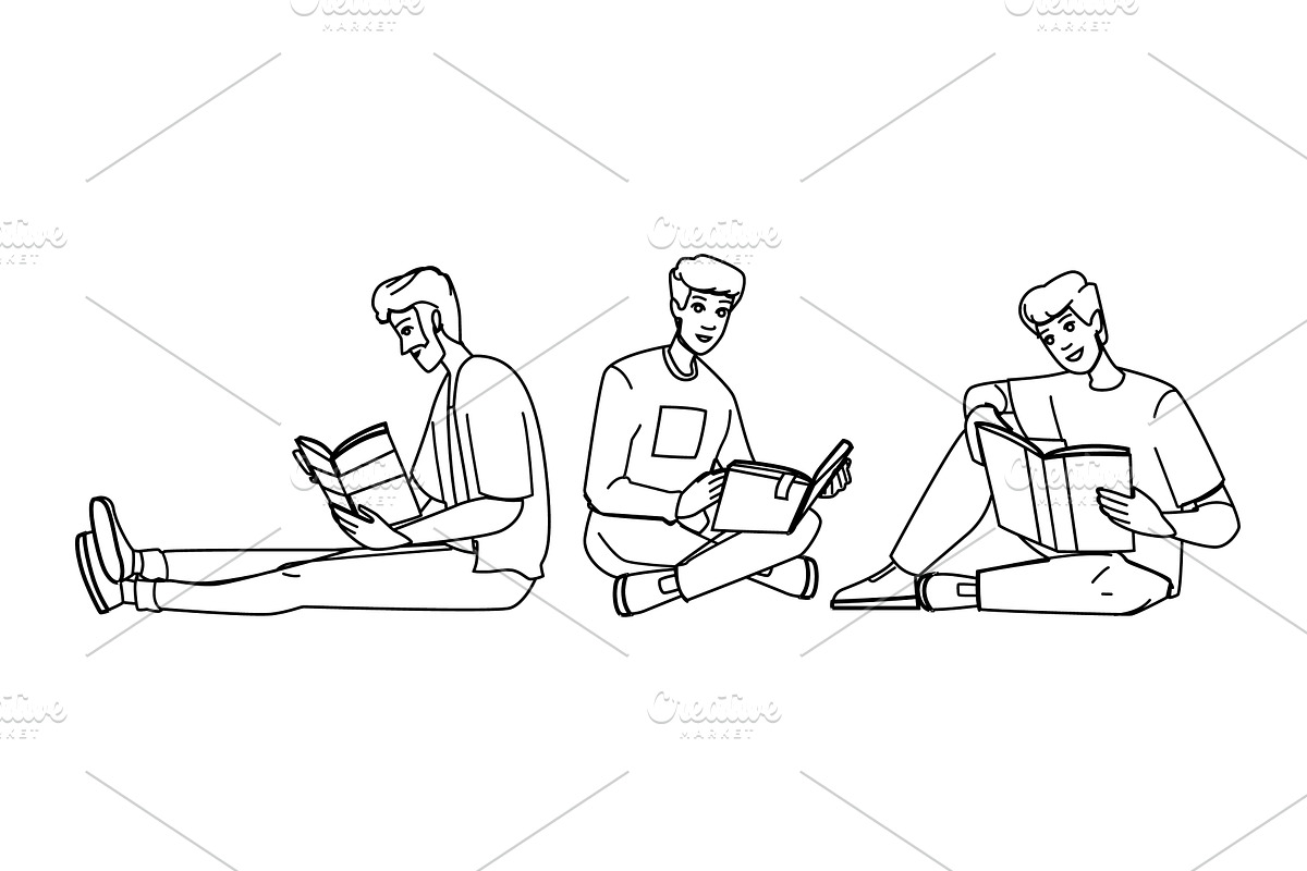 sitting man reading book floor, a Person Illustration by pikepicture