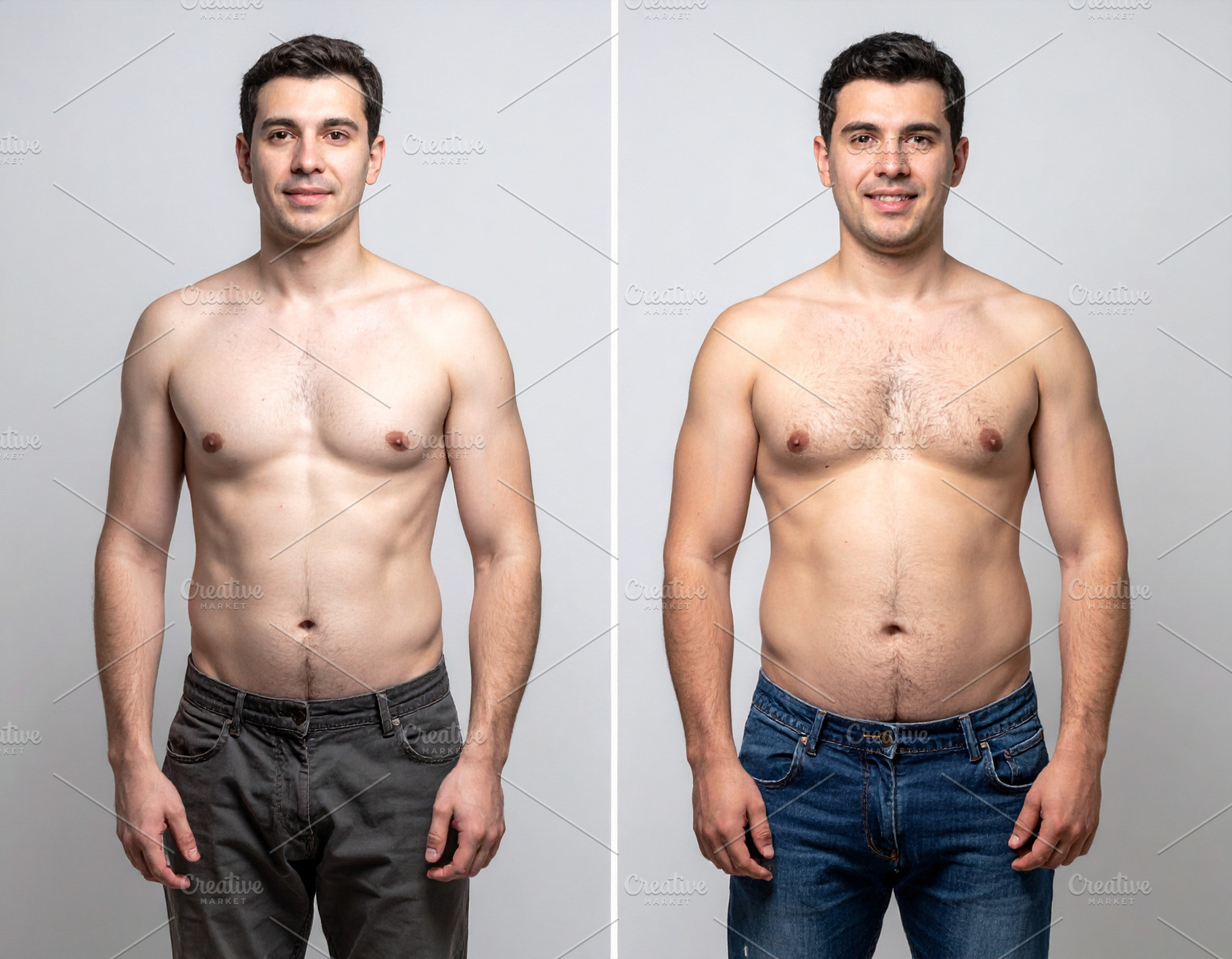 Before-and-after photo of a man showing weight loss progress, a Health & Medical Photo by DanFLCreativo