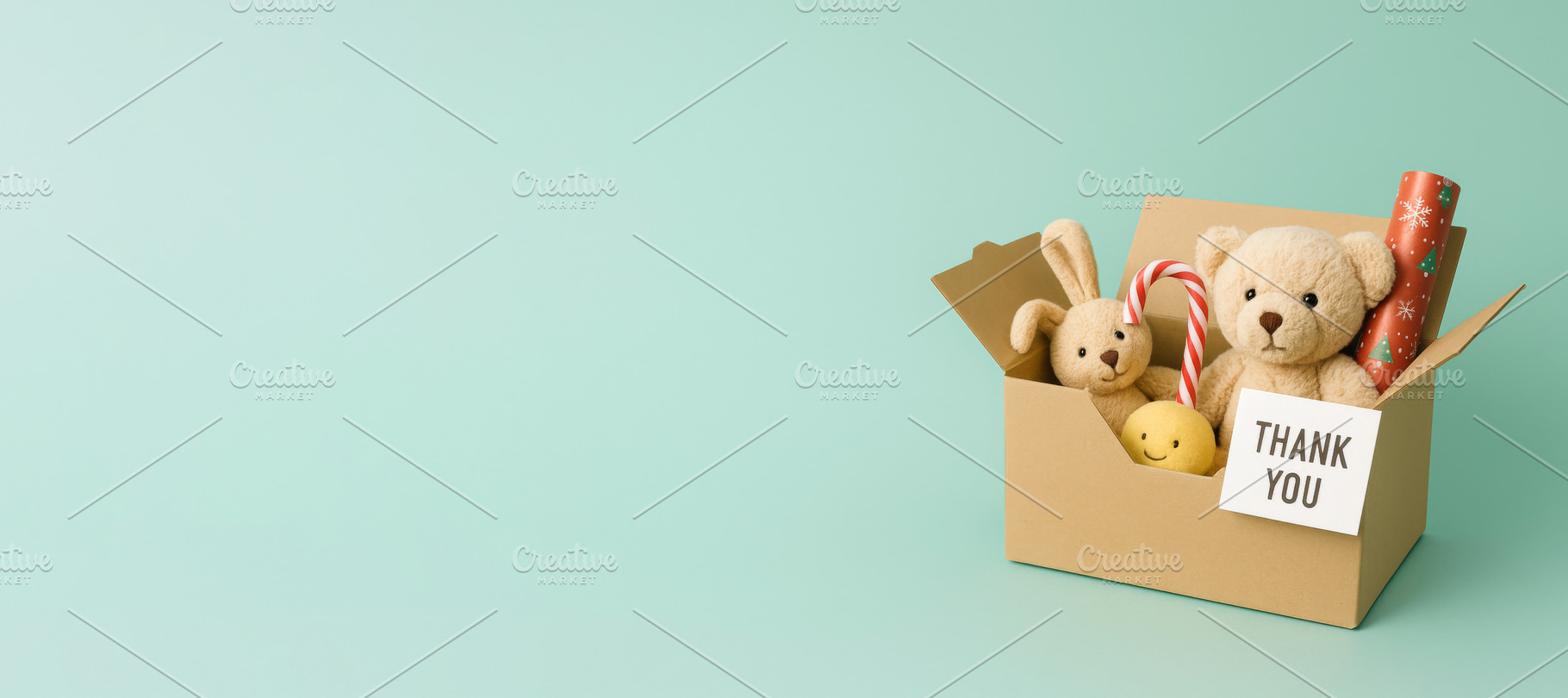 Gift box with teddy bear, toy bunny,, a Photo by Dvoevnore photos