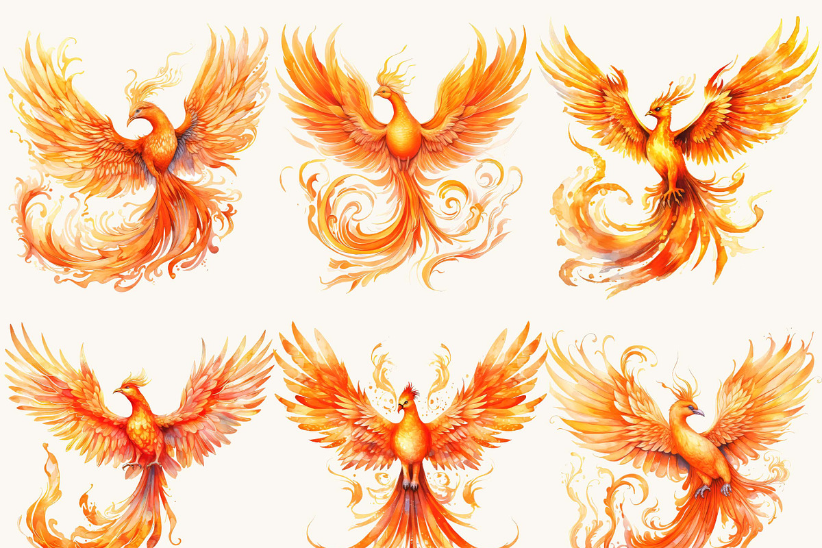 Watercolor Phoenix Clipart Bundle, an Animal Illustration by BusyDaydesign (Photo 2 of 8)