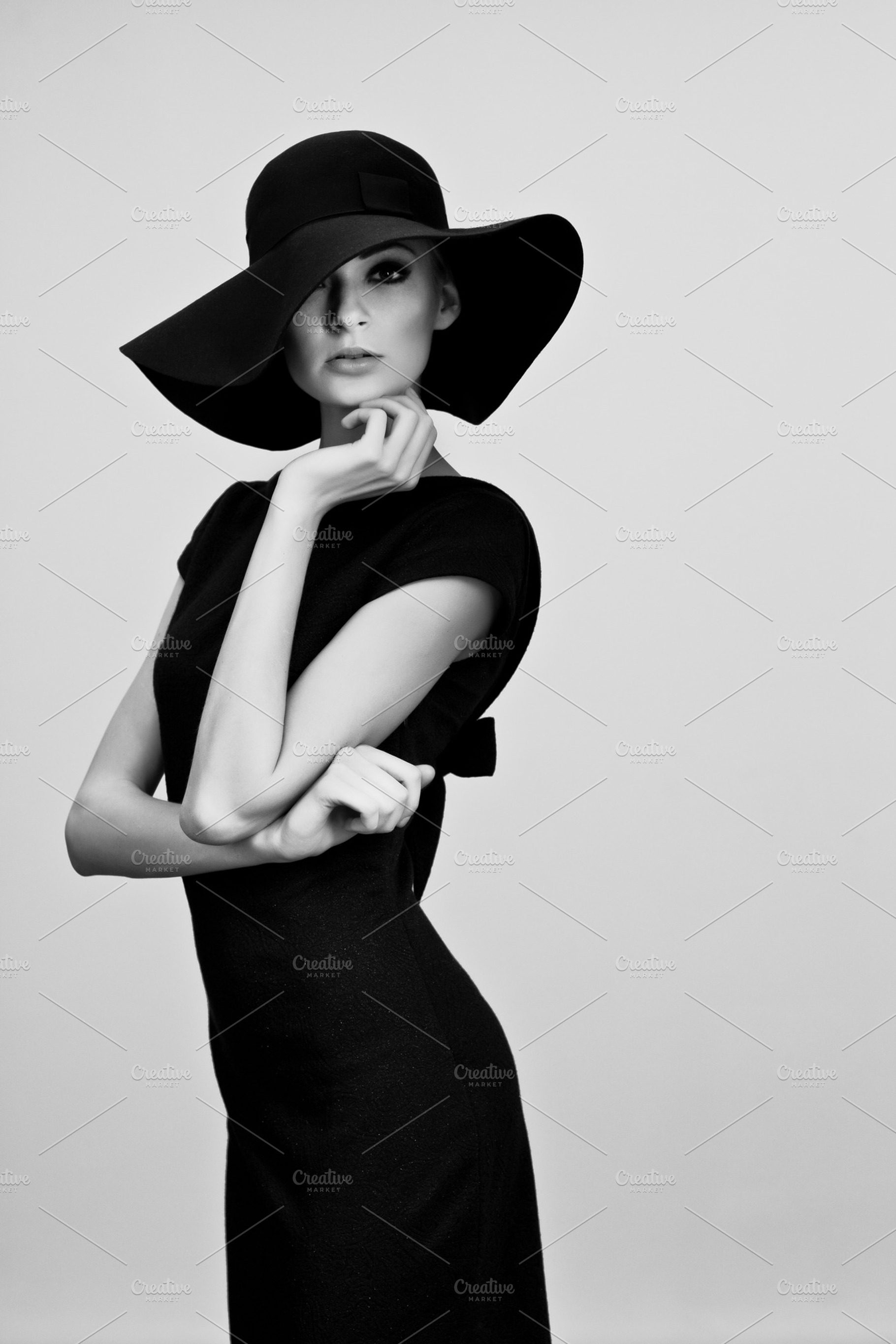 Woman retro fashion portrait featuring black, white, and hat, a Beauty & Fashion Photo by MaxFrost
