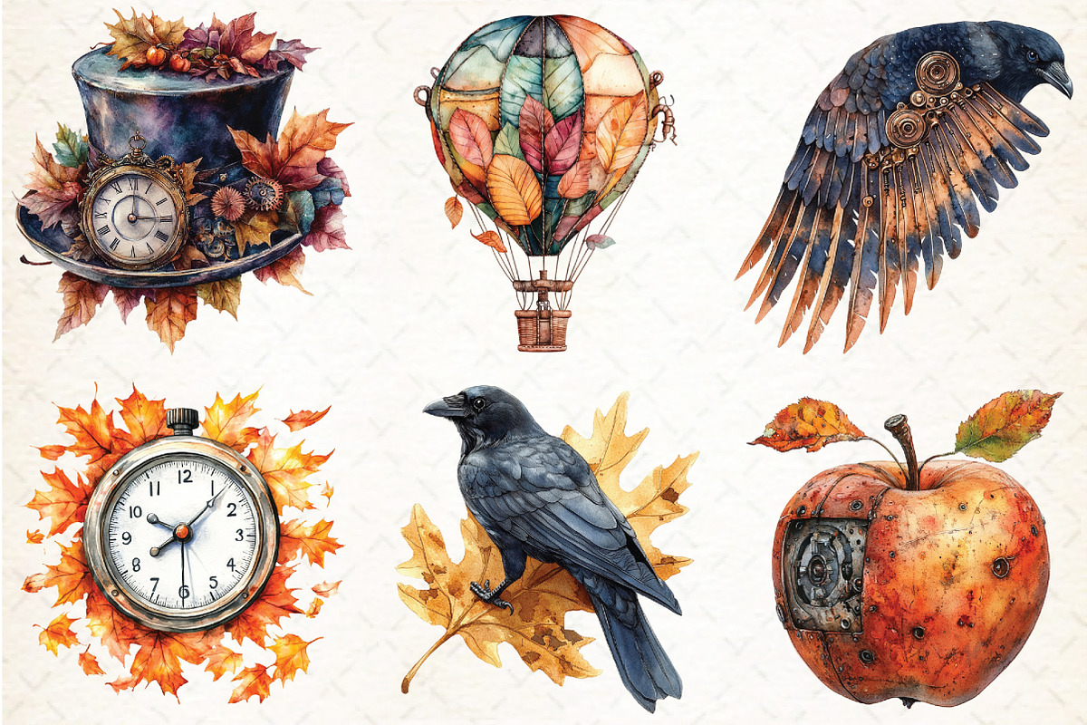 Watercolor Steampunk Autumn Clipart, an Illustration by Libby Wishes (Photo 3 of 9)