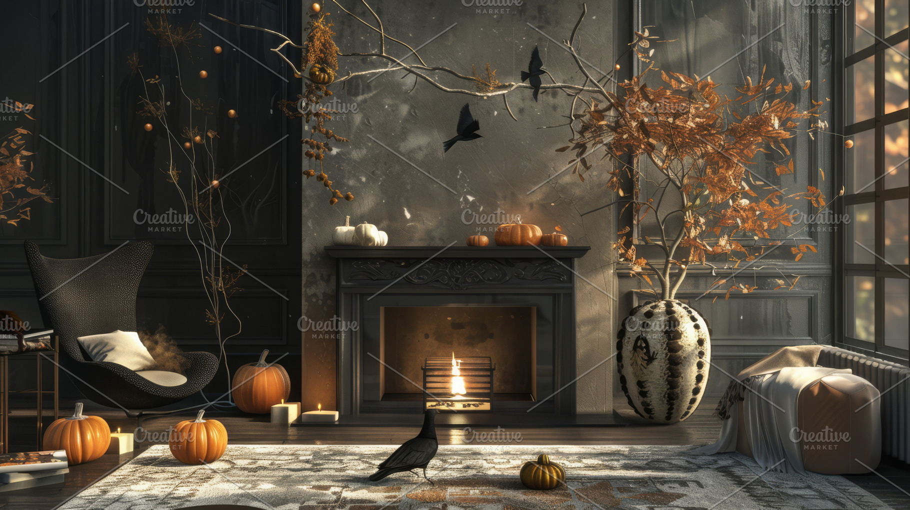 Classic Halloween decor with lit fireplace and pumpkins, suitabl, a Holiday Photo by Mashimara