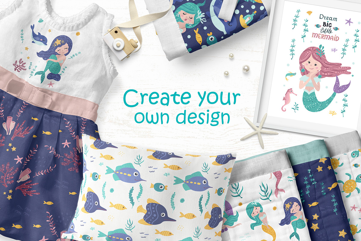 Mermaid Clipart & Pattern, a Wallpaper Graphic by Nafanya (Photo 2 of 9)