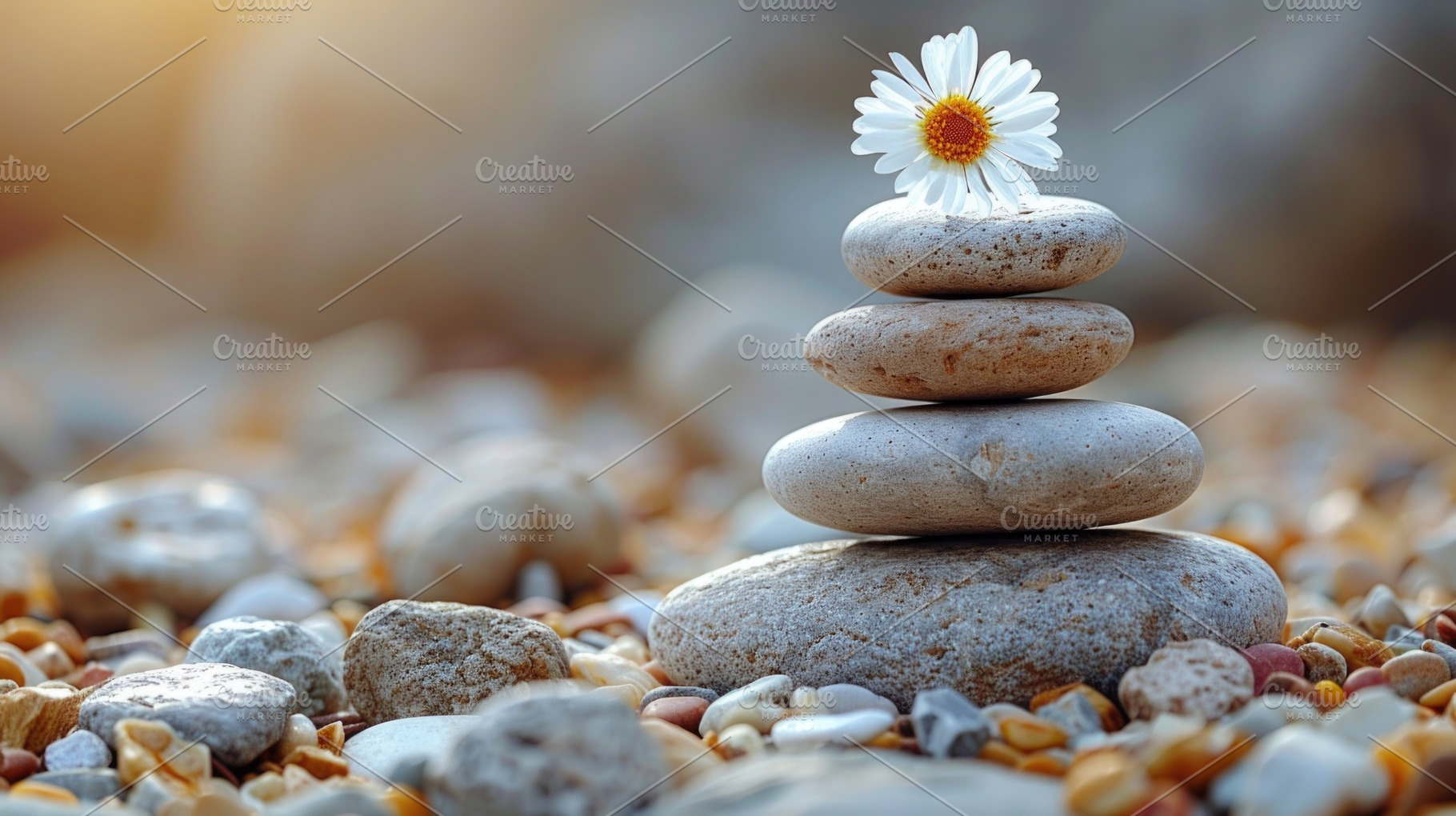 Zen balance stones with daisy flower on pebbles, spa wellness an, a Nature Photo by José Manuel Gelpi