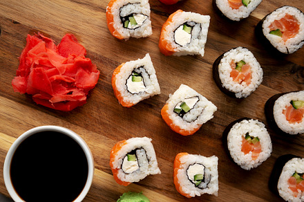 Homemade Sushi Platter with Wasabi and Soy Sauce on a Board, top, a Food & Drink Photo by LiudmylaChuhunova