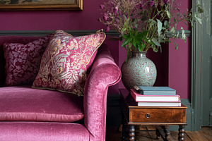 Velvet sofa with patterned cushions, vase of dried flowers, and, a Photo by Studio ANNA