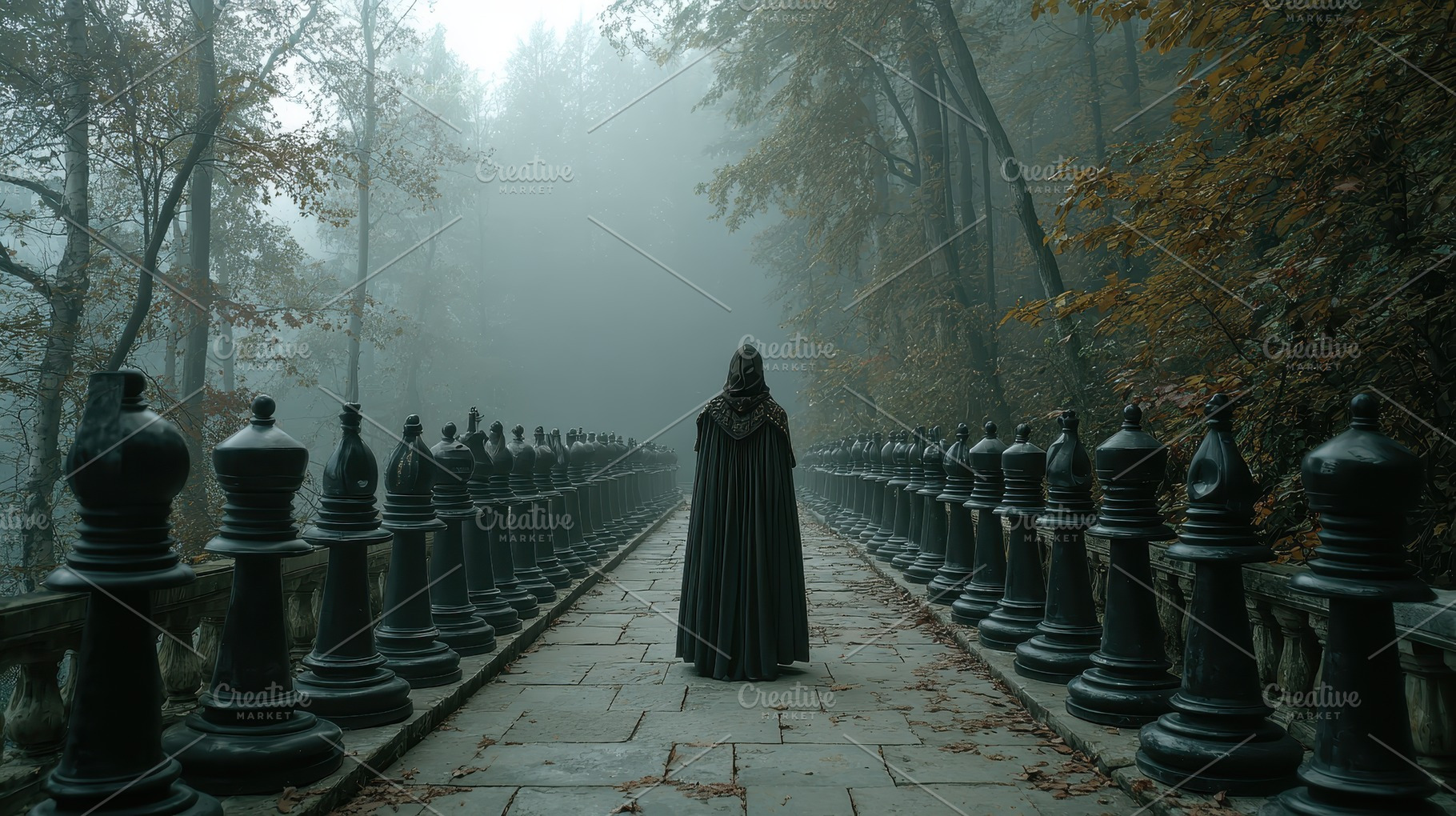 Hooded Figure Chess Pieces Foggy For, a Photo by Pixeness Studio