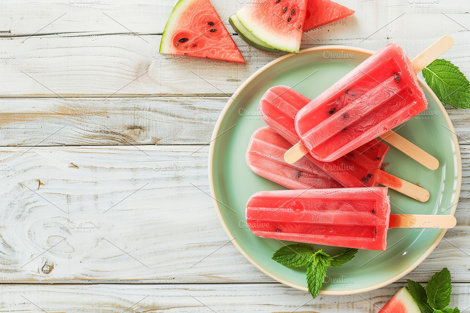Ice cream popsicles with watermelon in plate on wooden background, a Food & Drink Photo by AlyaAnd