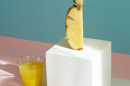 Tropical fruits variety on a colorful background. Side view with