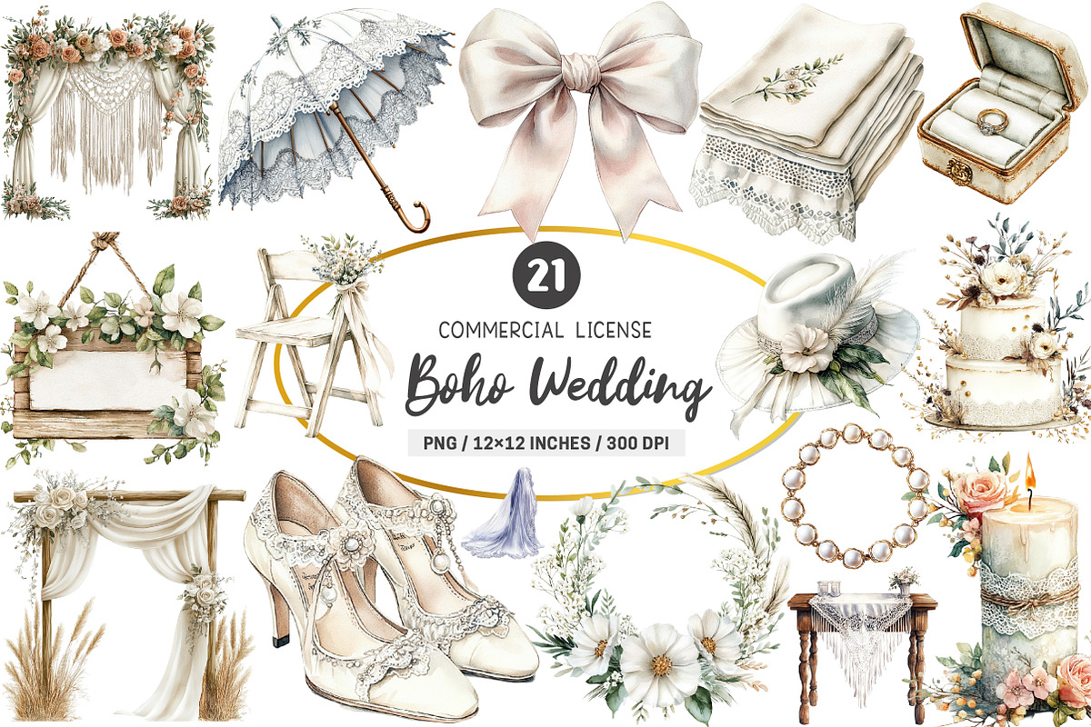 Boho Wedding Sublimation Clipart, an Illustration by SinaCreation (Photo 1 of 5)