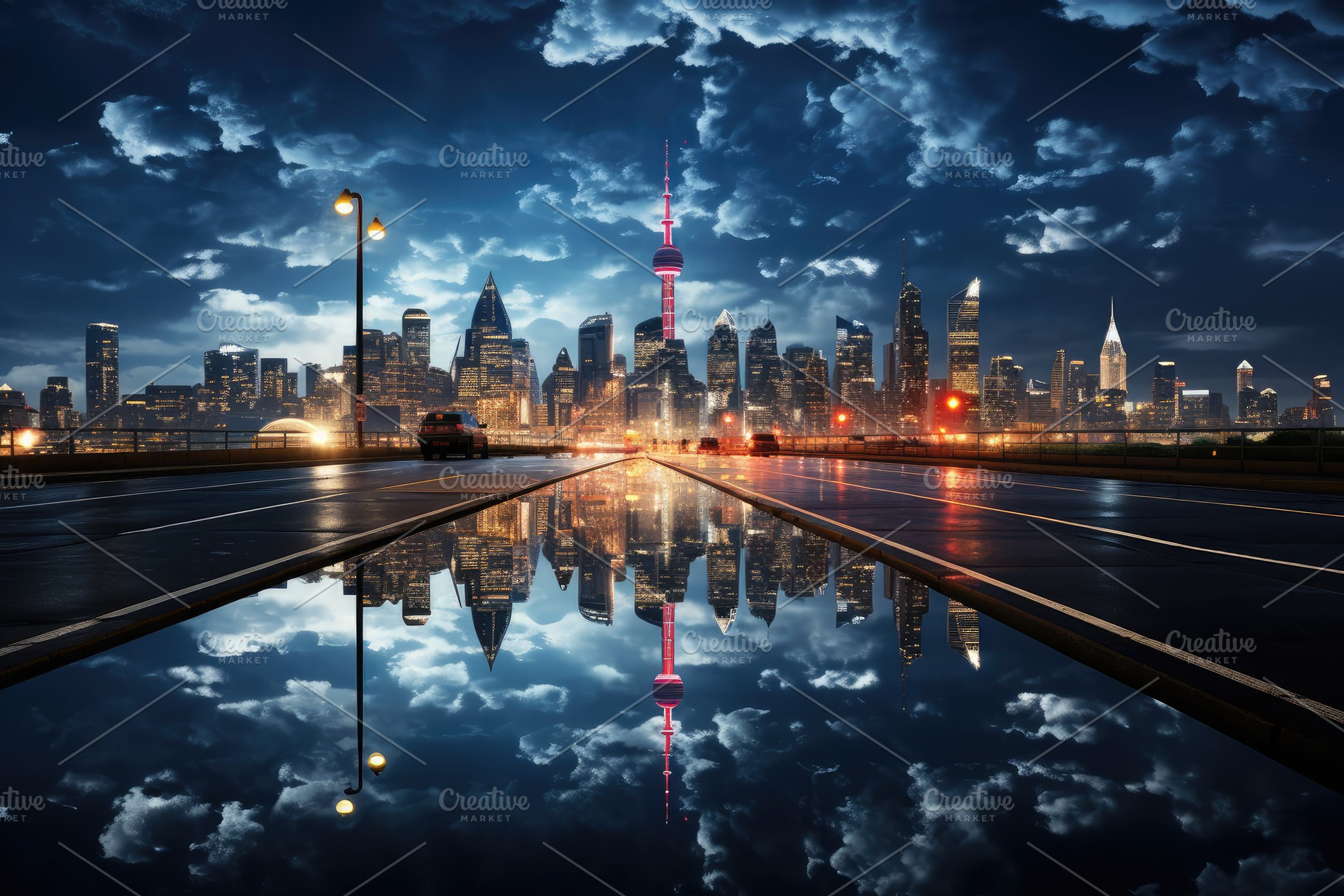 Dynamic cityscape at night neon ligh, a Photo by SaroStock