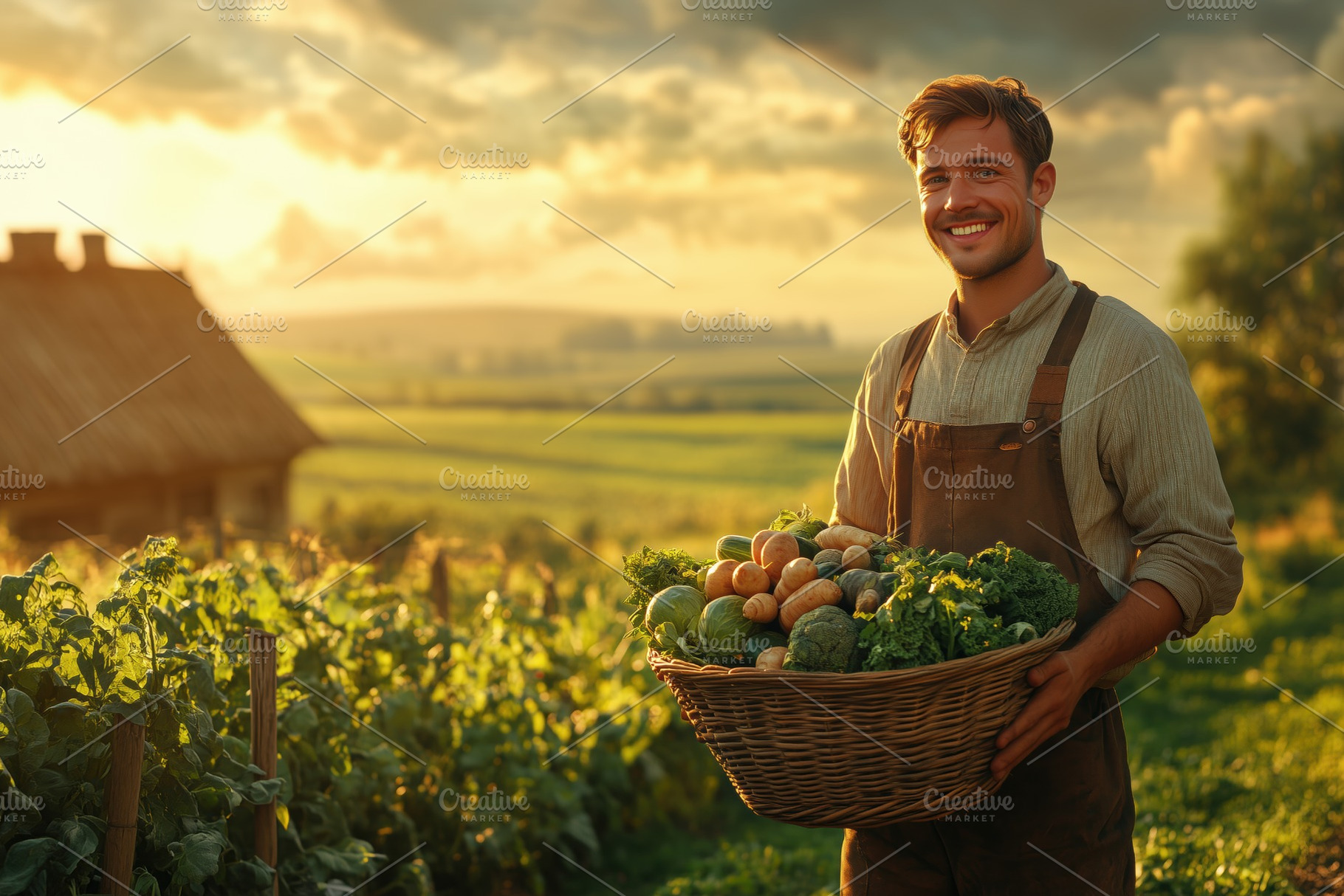 A smiling young man in overalls holding a large basket of fresh vegetables in a, a Person Photo by Textures & Backgrounds