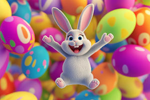 A cartoonish white rabbit hopping, a Holiday Photo by Imaginarium