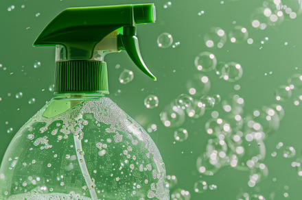 Spray bottle with green liquid and foam on green background, a Photo by Dvoevnore photos