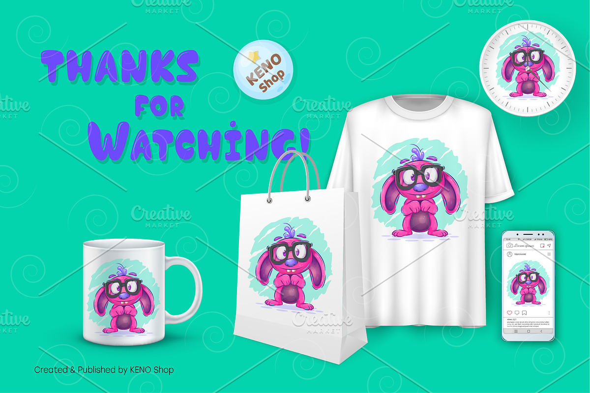 Shy cartoon monster. Tshirt, PNG., an Animal Illustration by KENO Mascots (Photo 4 of 4)