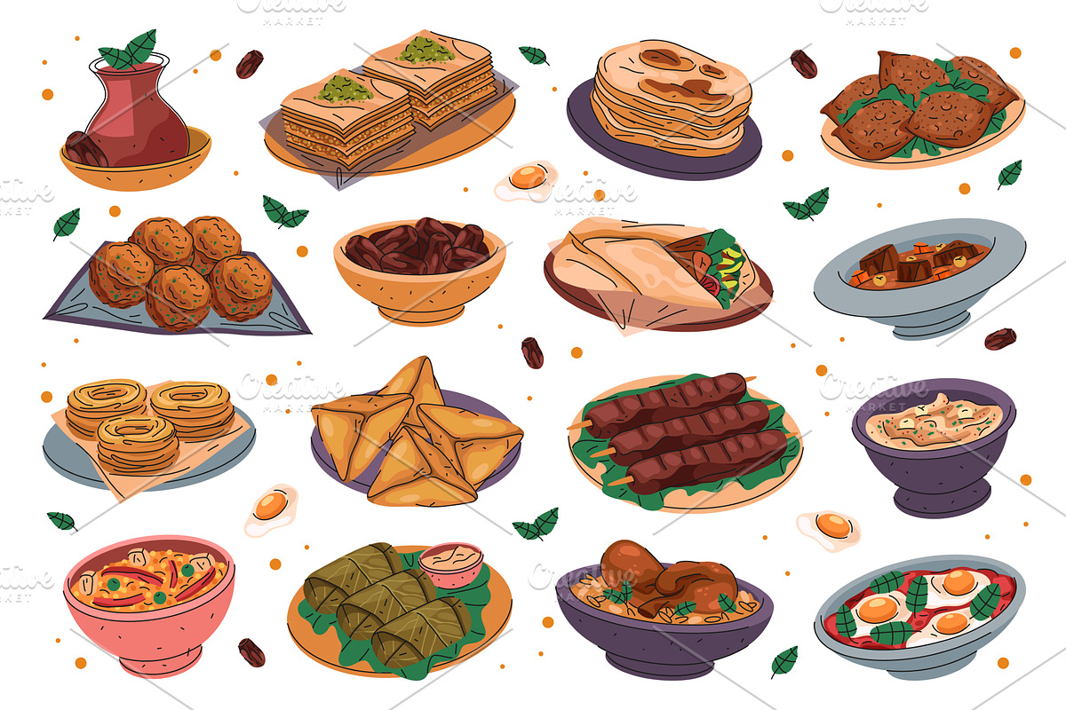 Set of Arabian food or Arabic meal, a Food Illustration by Elegant Solution