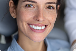Woman smiling at dentist healthy tee, a Photo by Pixeness Studio