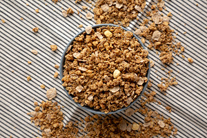 Healthy Homemade Toasted Muesli with Nuts in a Bowl, top view., a Food & Drink Photo by LiudmylaChuhunova