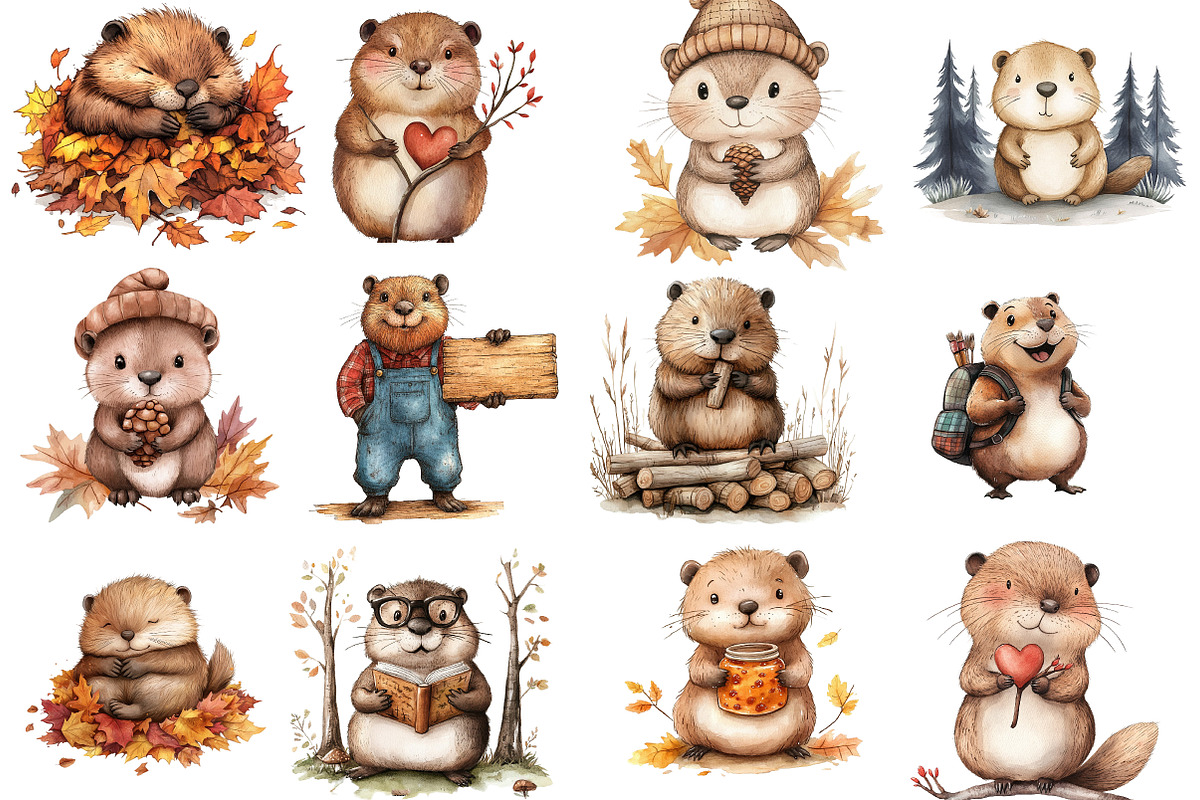 Cute Beaver Clip Art, Woodland Anima, an Illustration by Watercolor design (Photo 2 of 5)