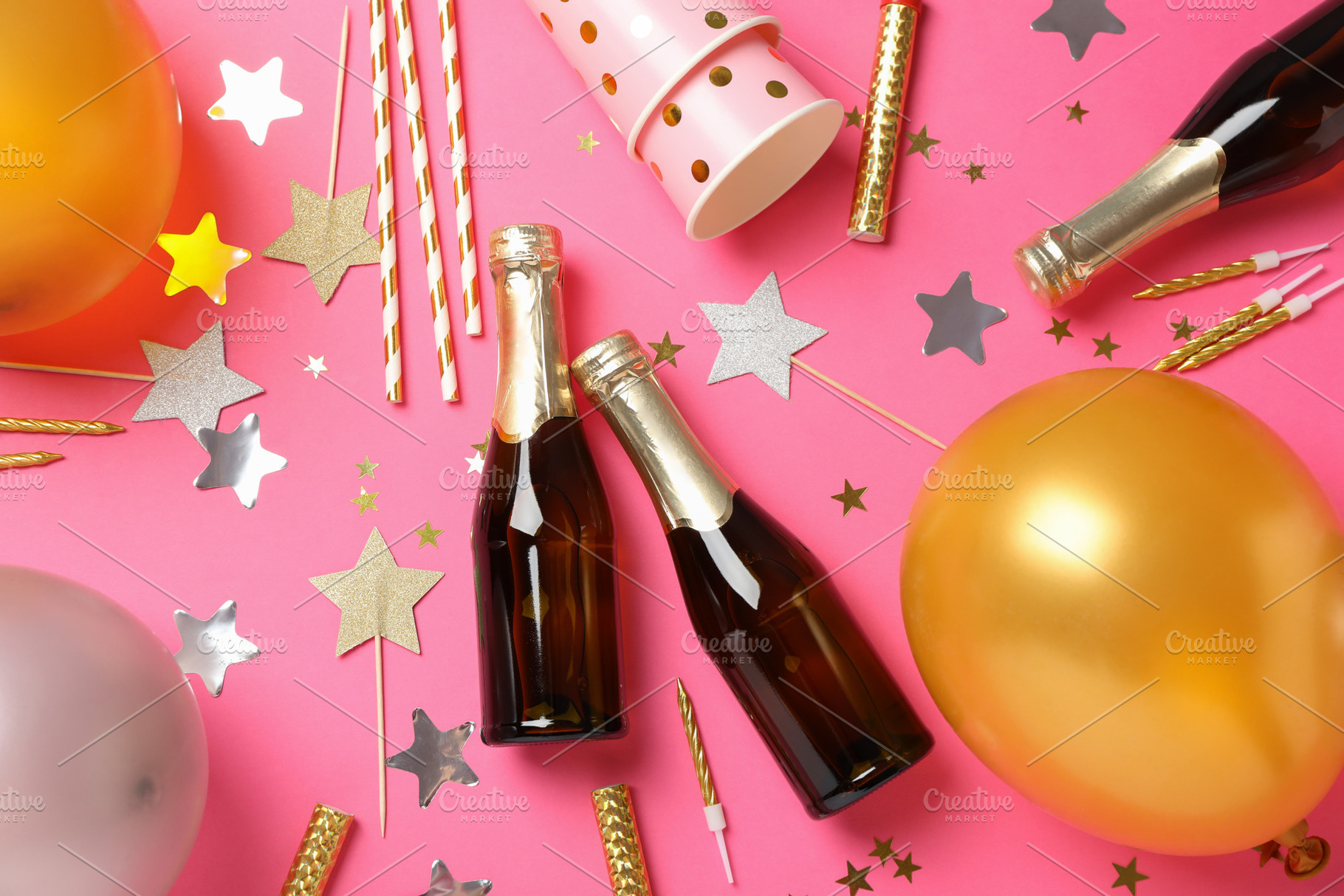 Composition with champagne and birthday accessories on pink back, a Holiday Photo by AtlasStudio PRO