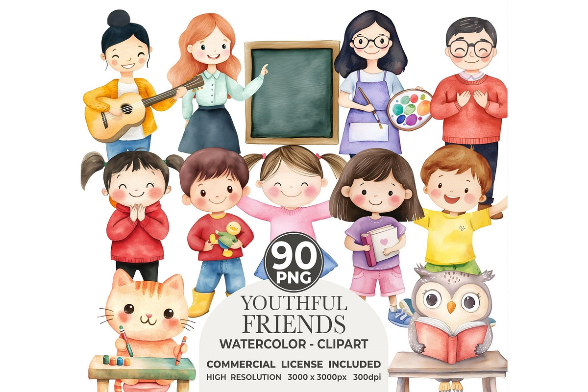 Youthful Friends Watercolor PNG, an Illustration by CharmClipart (Photo 1 of 8)