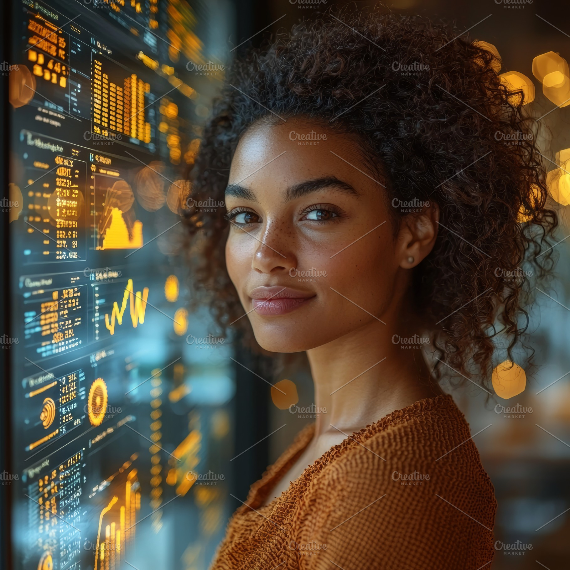 Confident Woman in Modern Business Environment with Digital Graphs Displayed, a Photo by AS photostudio