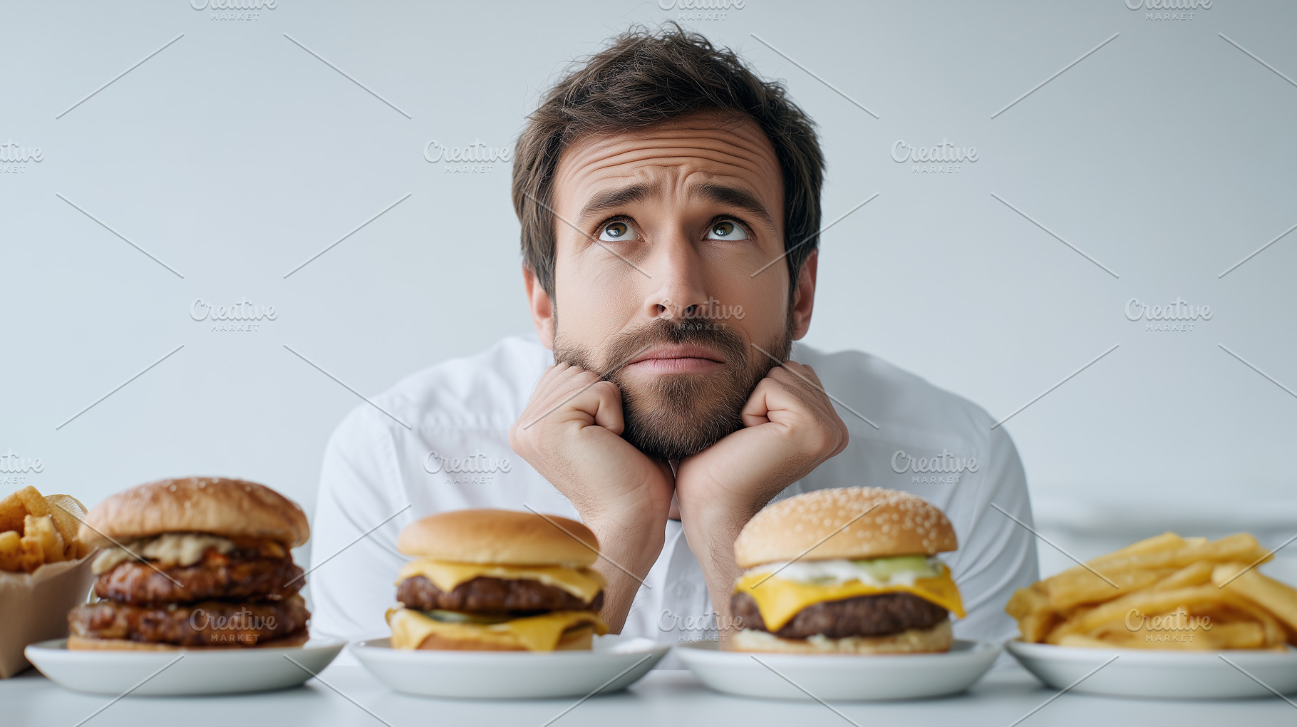 Thoughtful man sits in front of food, a Food & Drink Photo by MistyDay
